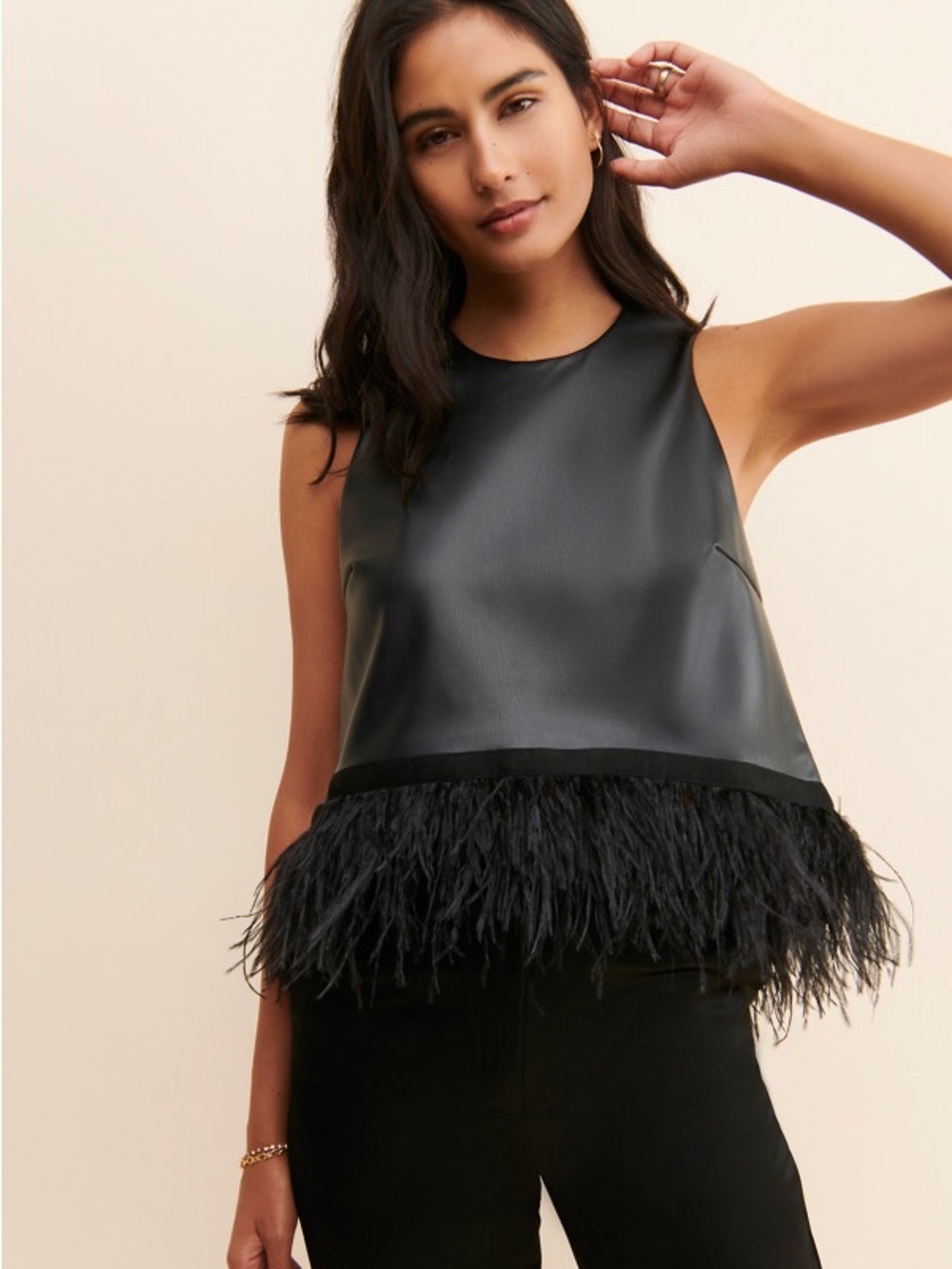 Hutch Black Faux-Leather
Feather Trim Crop Tank